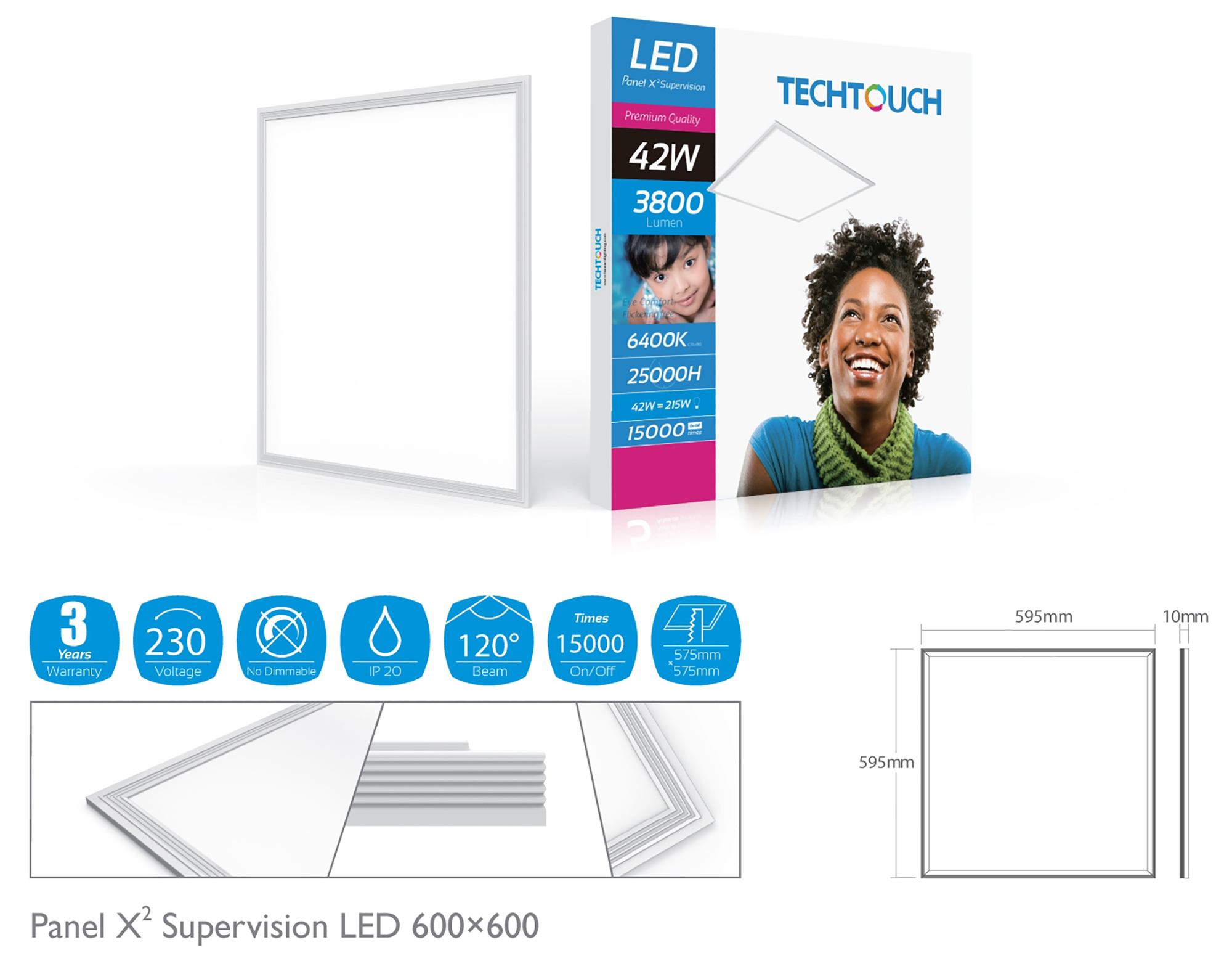 Panel X2 Supervision Recessed Ceiling Luminaires Techtouch Square/Rectangular Recess Ceiling